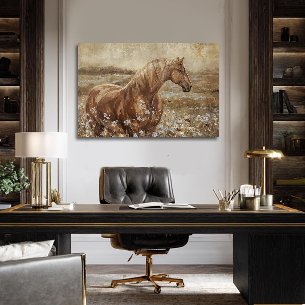 Horse Canvas Wall Art for Farmhouse Decor, Neutral Brown/Beige Equestrian Picture with Wildflower Meadow, Animal