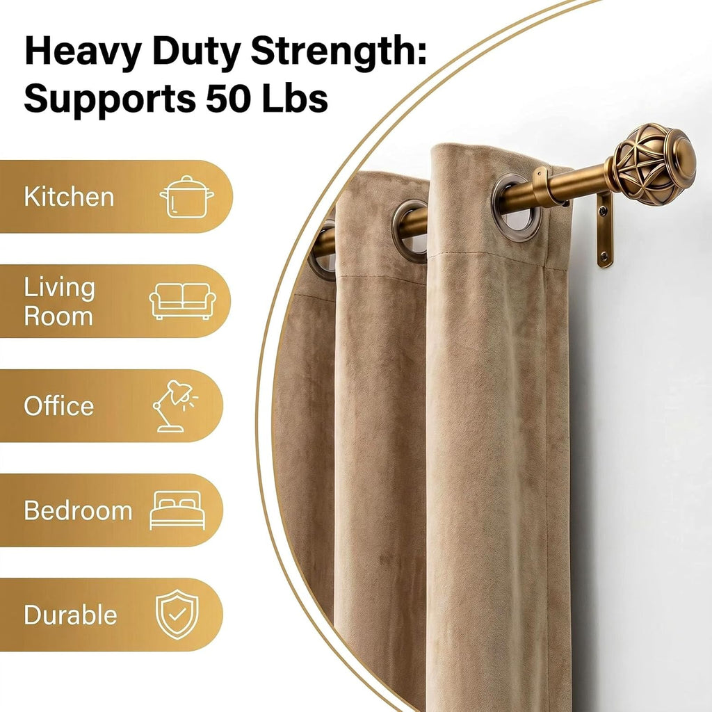 Antique Brass Curtain Rods for Windows,Adjustable Decorative Drapery Rods,Heavy Duty Curtain Rod