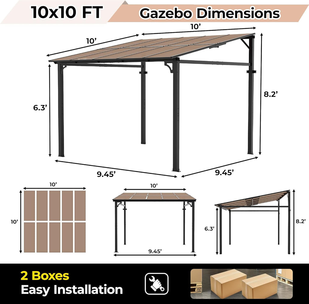 10' x 10' Lean to Gazebo, Hard Top Outdoor Pergola with Roof - Image 2