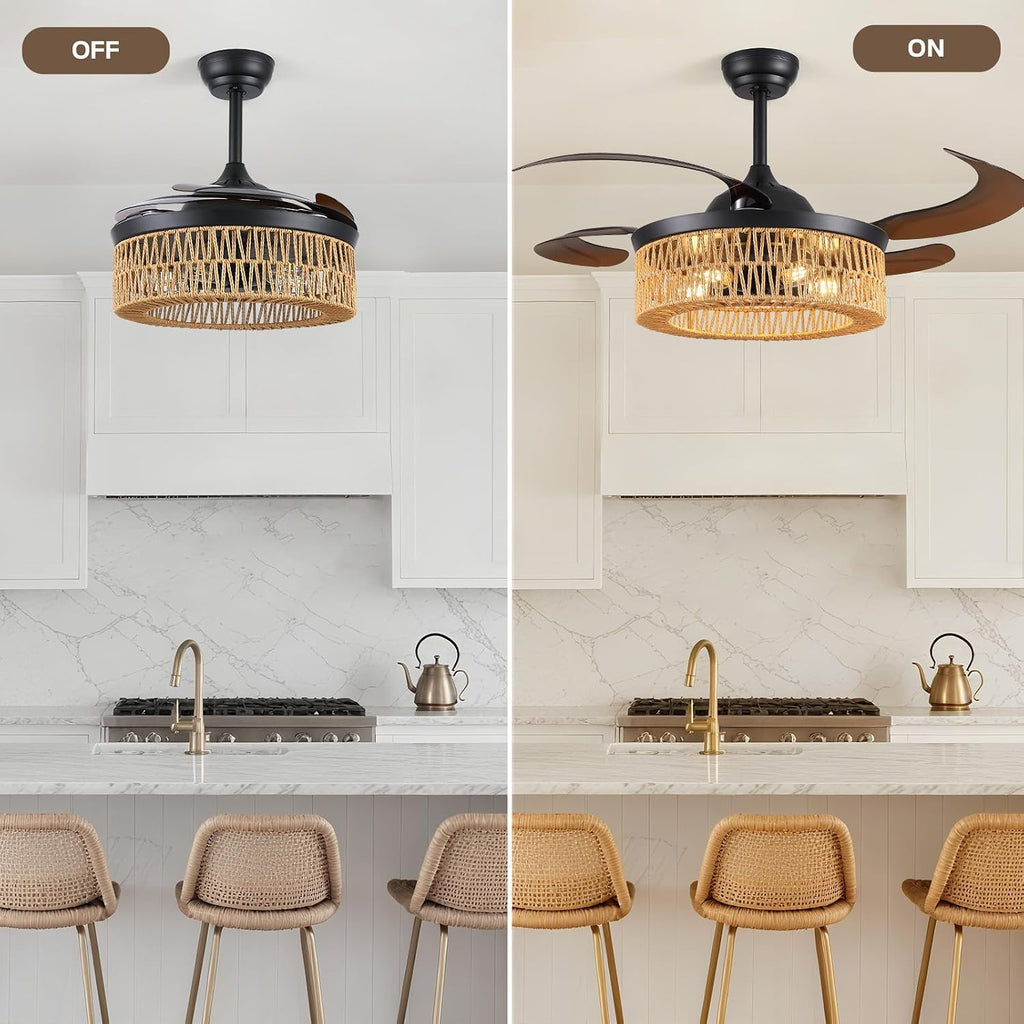 48 Inch Retractable Ceiling Fans with Lights and Remote, Boho Caged Farmhouse Ceiling Fan, Invisible Rattan Fandelier