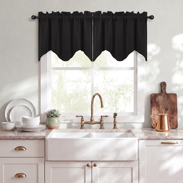 Blackout Scalloped Valance Curtain 2 Panels, W52 x L18 Inch, Black