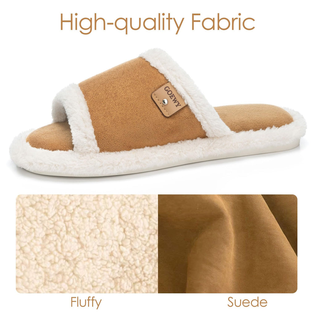 Open Toe Womens Slippers, Fuzzy Suede Slipper with Cozy Memory Foam