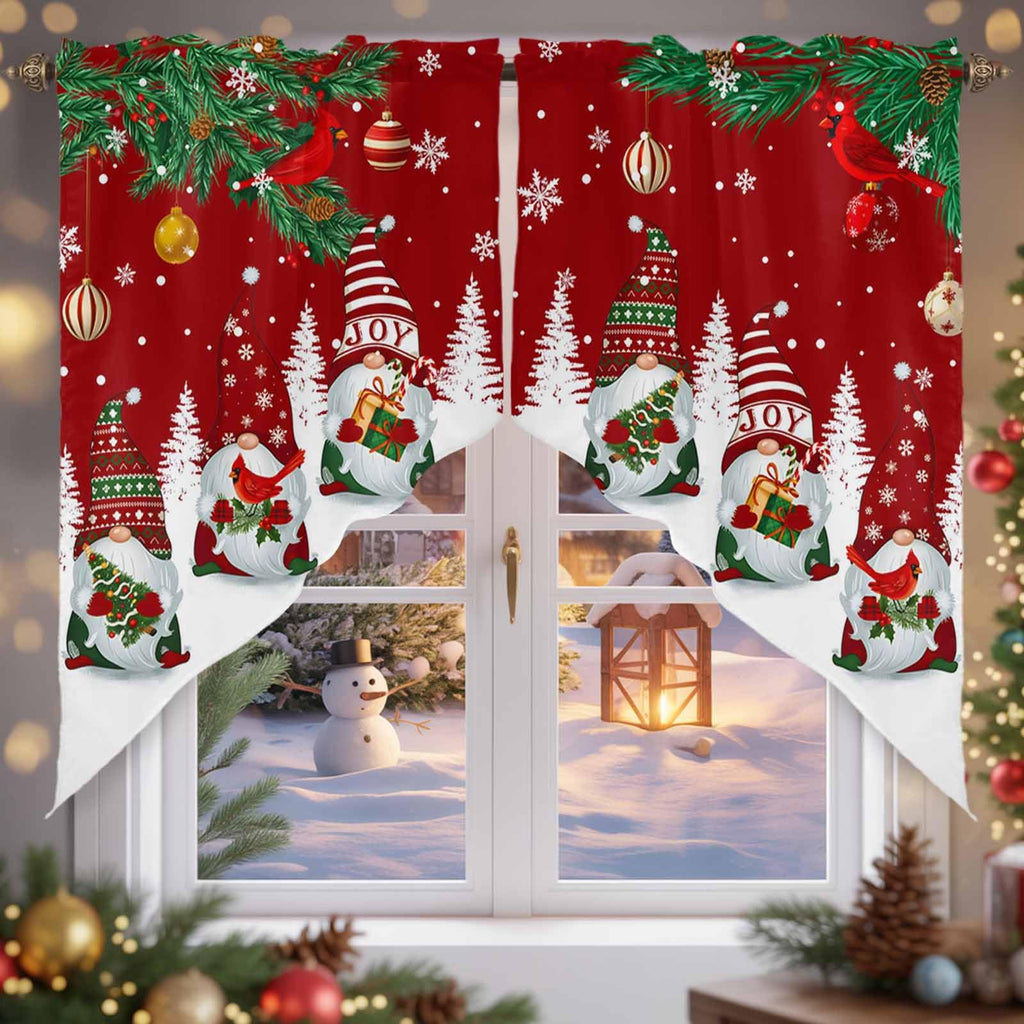 Swag Valances for Windows, Merry Christmas Tree Gnomes Red Rod Pocket Kitchen Window Curtains Over Sink, Cardinals