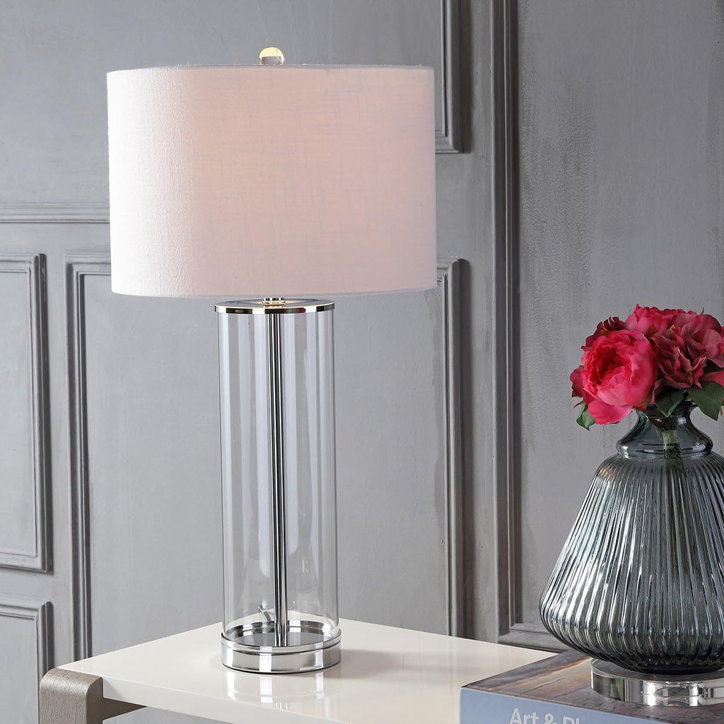 29" Clear/Chrome Modern Glass Table Lamp Bedroom, Minimalist Nightstand Bedside Lamp, White Linen Drum Shade