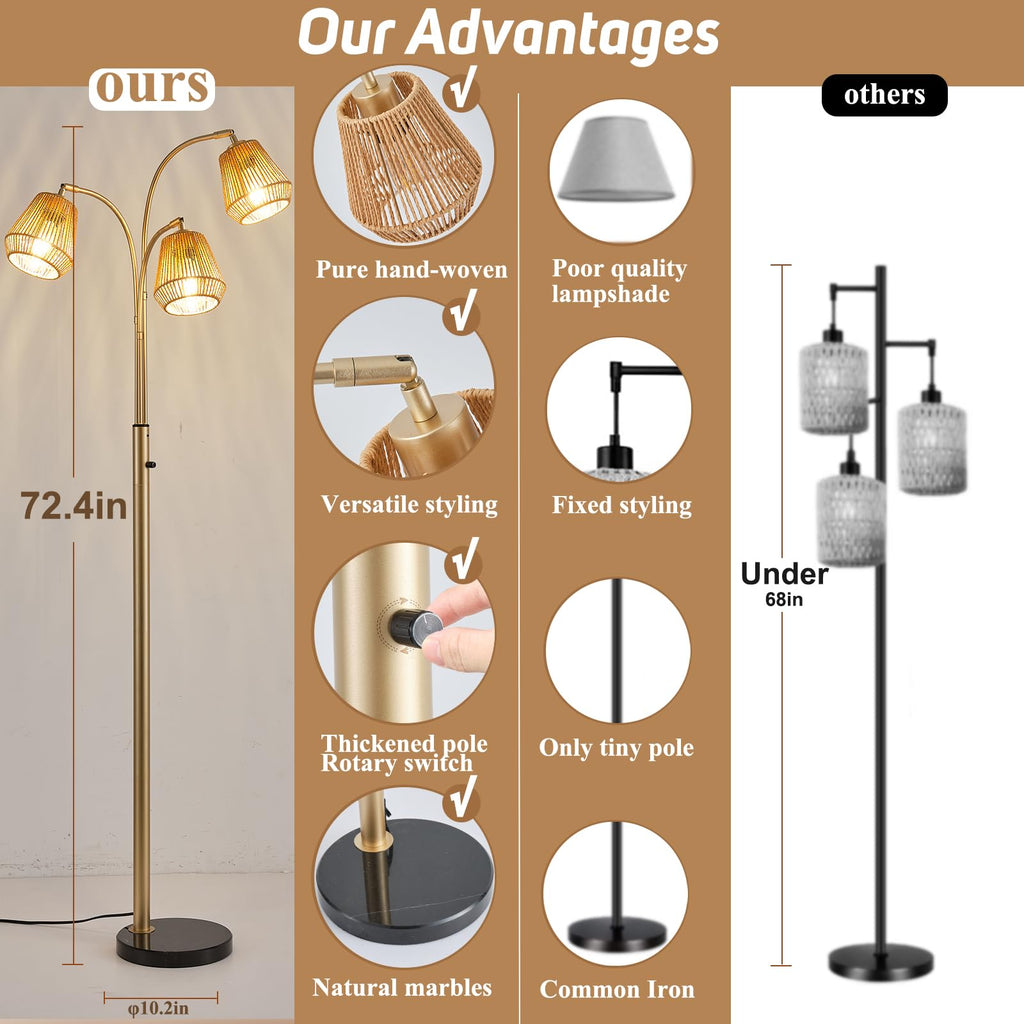 Gold Rattan Floor Lamp, 72'' 3-Light Boho Lamp