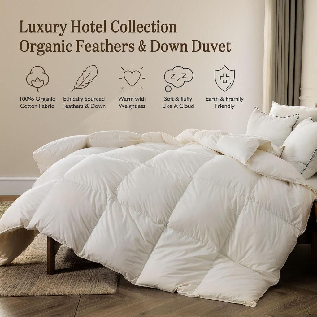 Feather Down Comforter Queen, Hotel-Luxury Fluffy Duvet Insert with Organic Cotton Cover and Puffy F