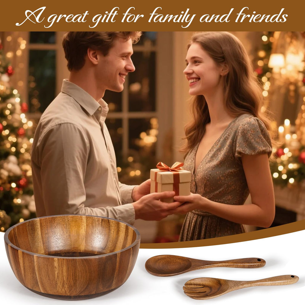 Wooden Salad Bowl Set 11.8 Inch - Acacia Large Wood Salad Bowl with Wooden Serving Utensils, Big Salad Bowls