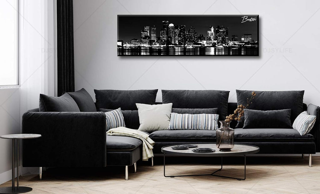 Boston Canvas Wall Art Black White Cityscape Decor 13.8"x47.3" | Panoramic Skyline Print, Ready to Hang Decoration