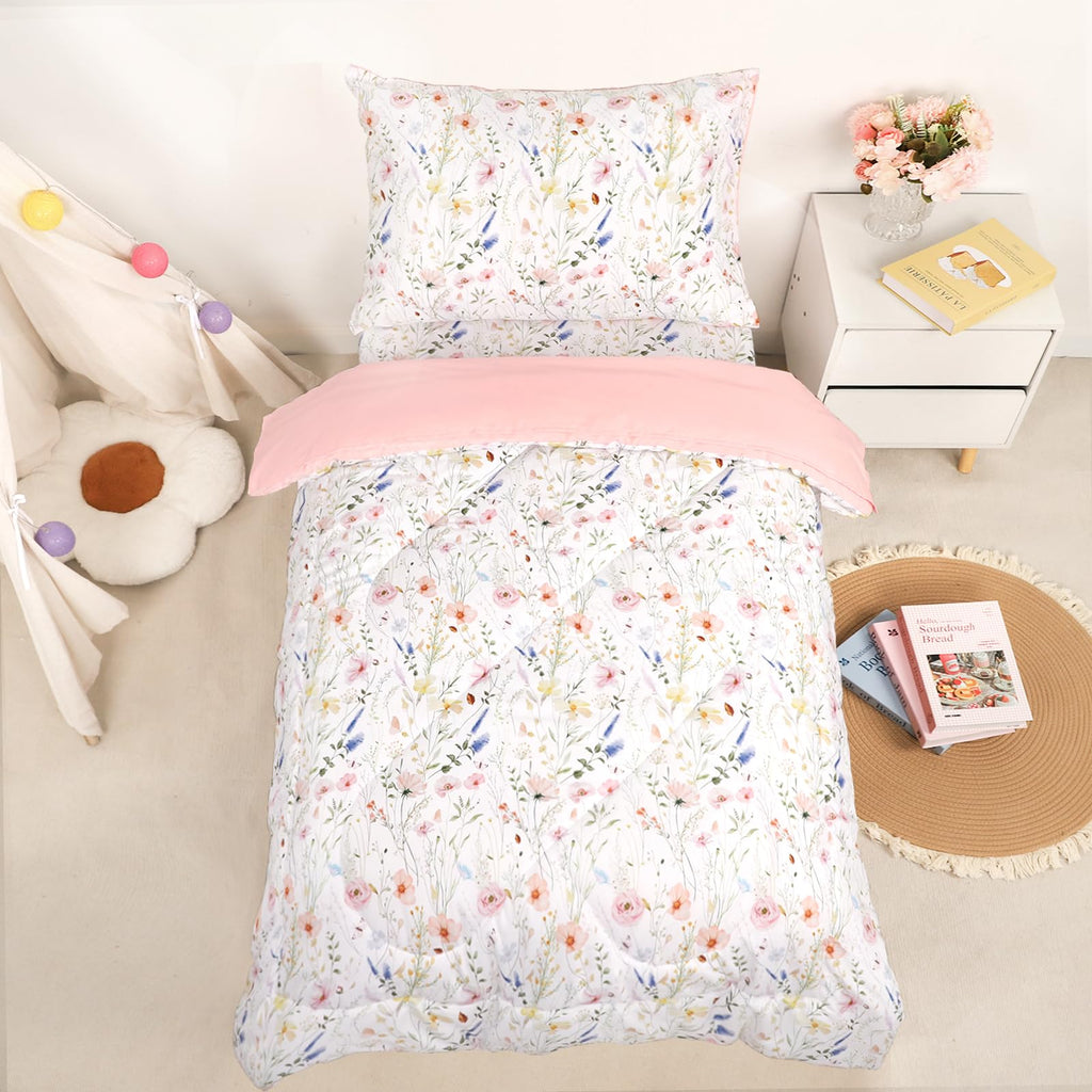 Toddler Bedding Set for Girls, 4 Piece Floral Toddler Comforter Set, Ultra Soft Baby Girl Crib Bed Bedding Includes