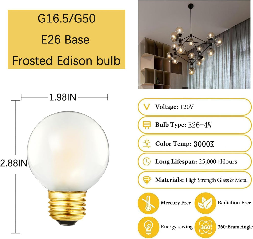 Dimmable E26 Edison Bulb G16.5 Frosted LED Bulb 40W Light Bulb,3000K