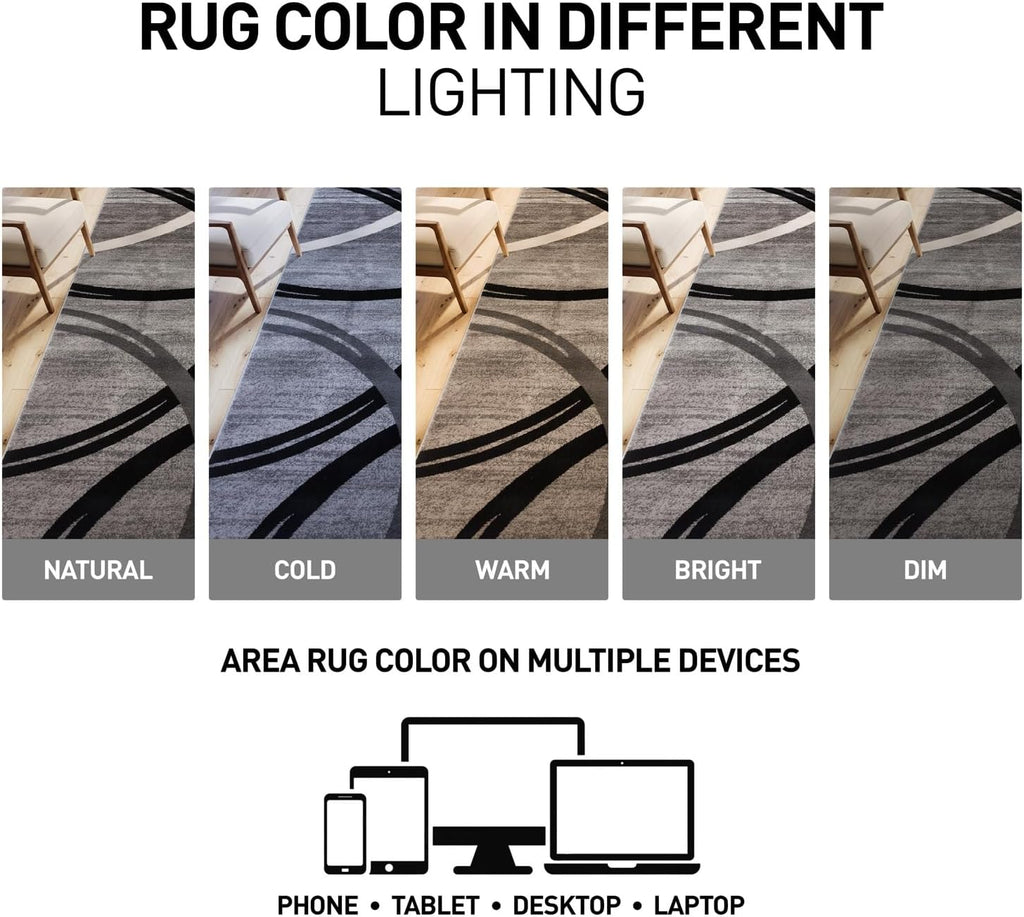Wavy Circles Design Area Rug, Fade-Resistant Carpet for Living Room, Dining Room, or Bedroom, Gray, 5'3" x 7'3"