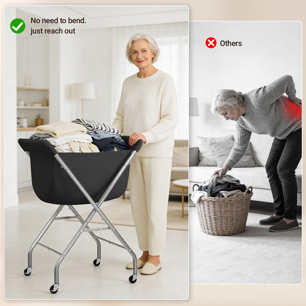 Laundry Basket with Wheels, Collapsible Laundry Hamper, Black