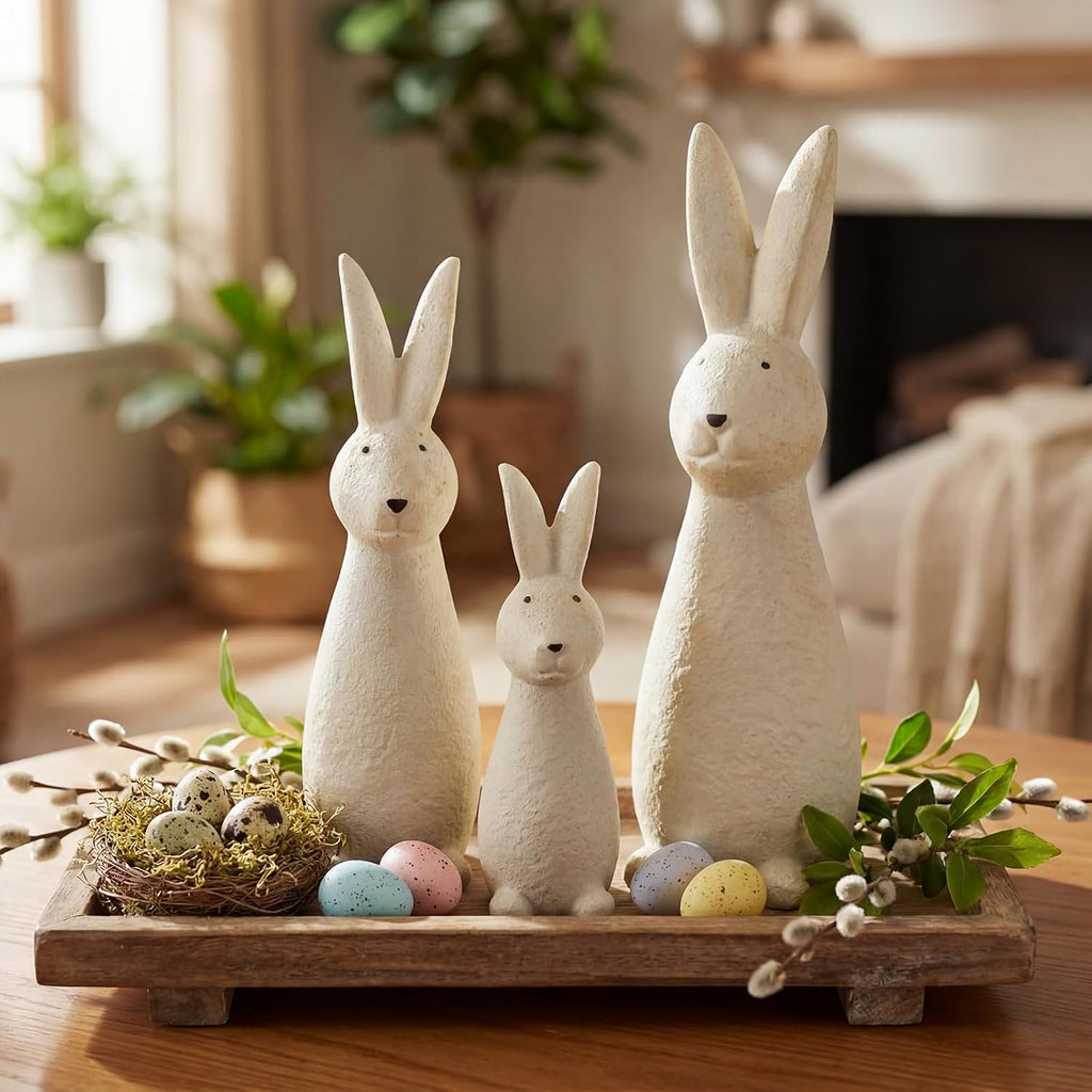 Easter Terracotta Bunny Decorations Rustic Rabbit Statues Home Decor Spring Rabbit Figurines Travertine Bunny - Set of 3