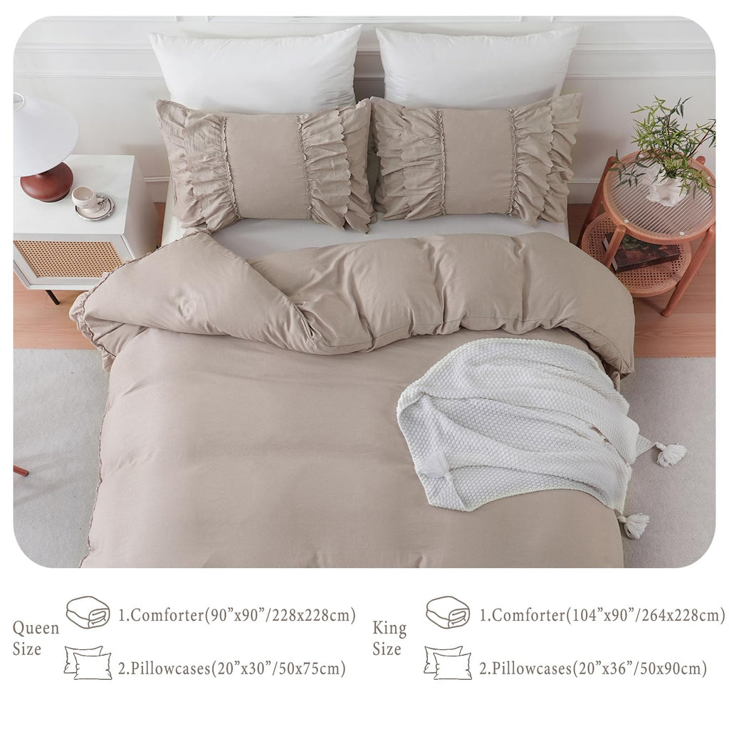 Taupe Boho Comforter King Size, Shabby Chic Ruffle Bedding Set, 2 Layers Ruffles Fluffy Vintage Comforter Home