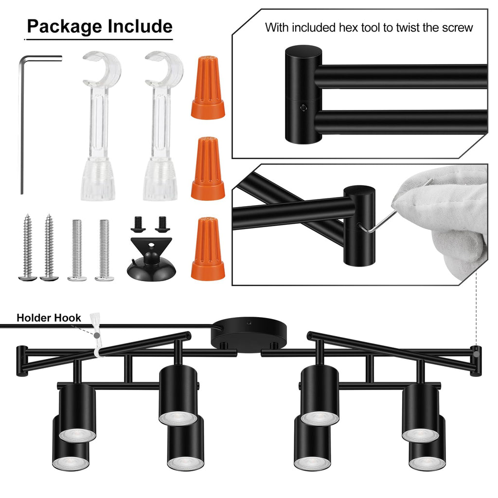 Plug in Track Lighting LED, Track Lighting Fixtures Ceiling, Black 8-Light Kitchen Light Kit, Plug in Wall Light