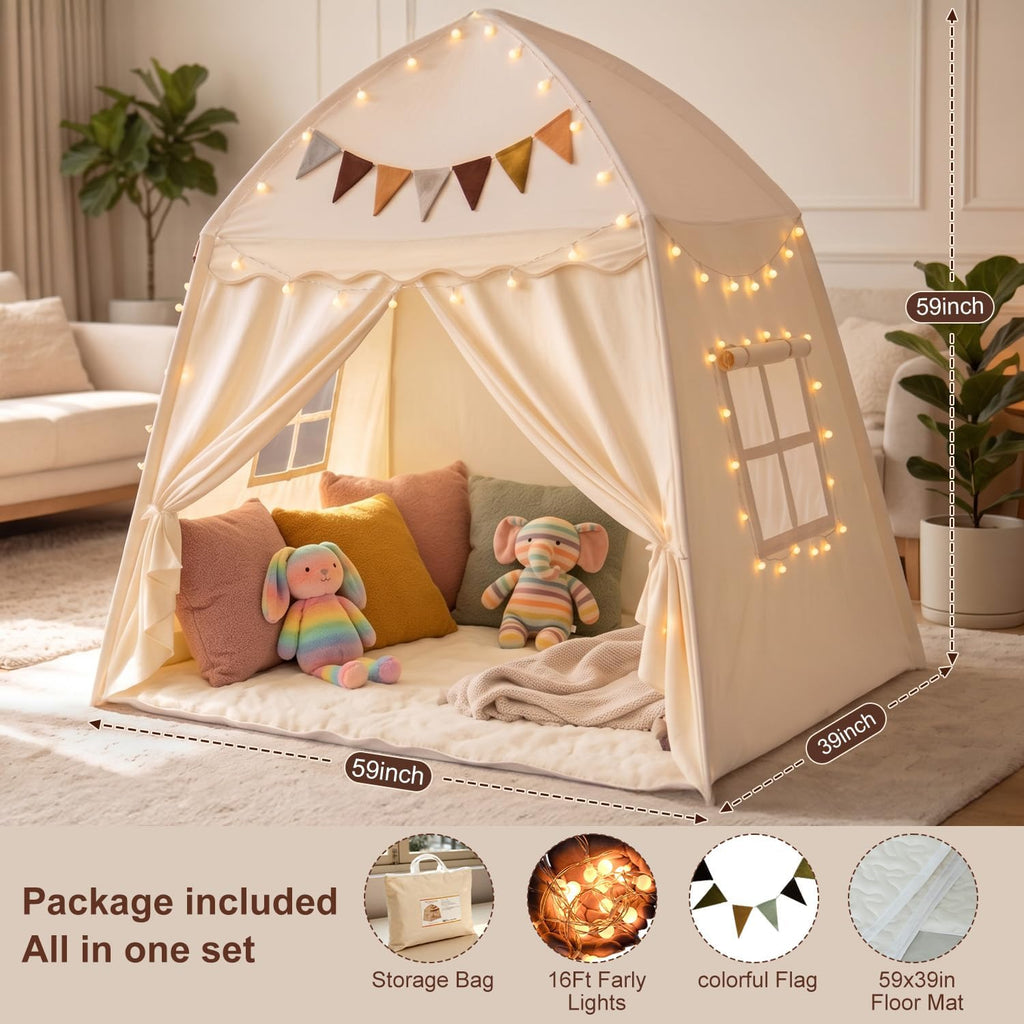 Extra Large Kids Play Tent Indoor: 59x39x59in with Mat Lights Flags Cream
