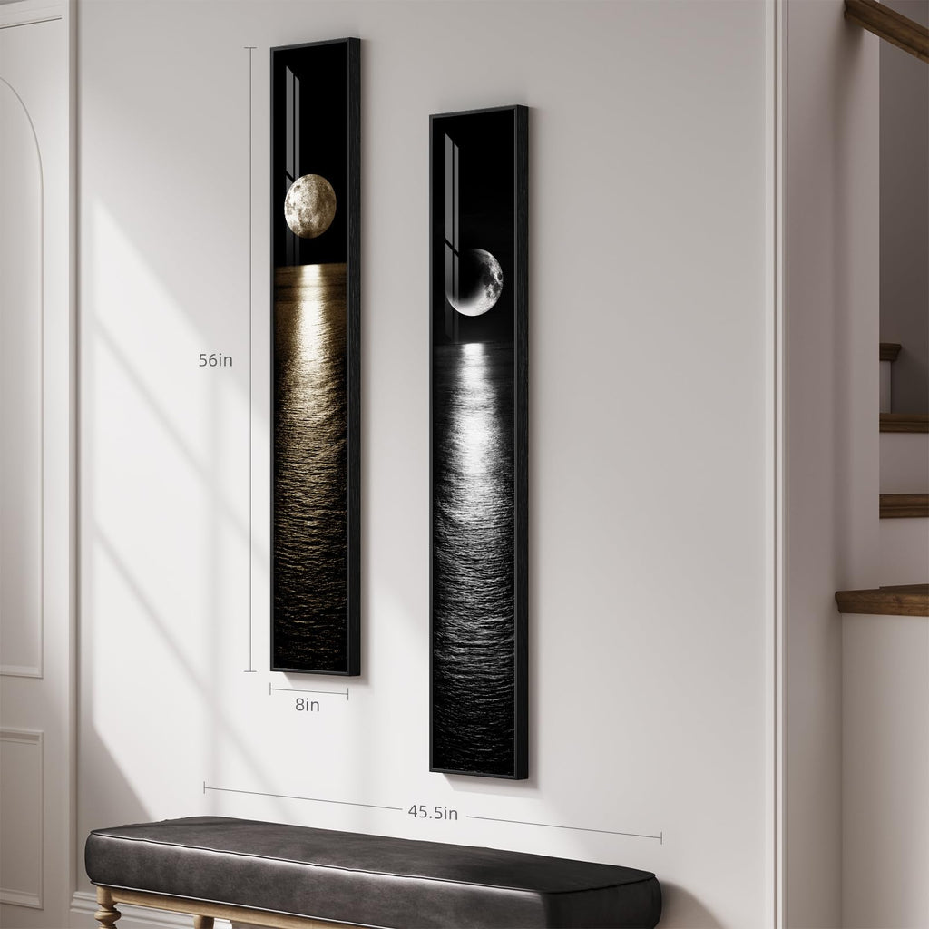 Framed Vertical Black White Gold Moon Landscape Wall Art Decor, 2 Pieces
