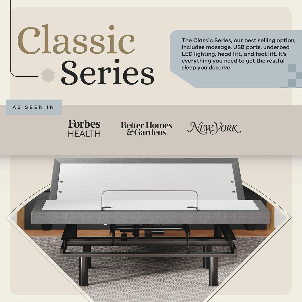 Classic Adjustable Bed Base, Head and Foot Lift, Massage, Under-Bed Lights, USB, Memory, Zero Gravity Smart Frame
