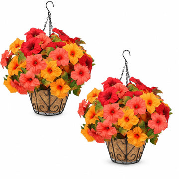 2 Set Artificial Fall Flowers Hanging Basket for Outdoor Decor