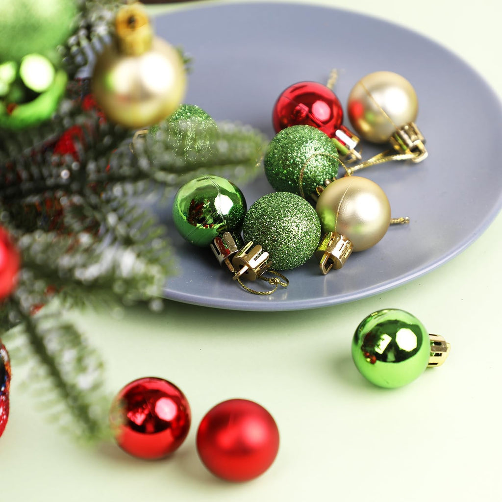 Mini Christmas Balls Tree Ornaments, 1.2 Inch Small Shatterproof Xmas Hanging Decorations Red Green Gold - Set of 49