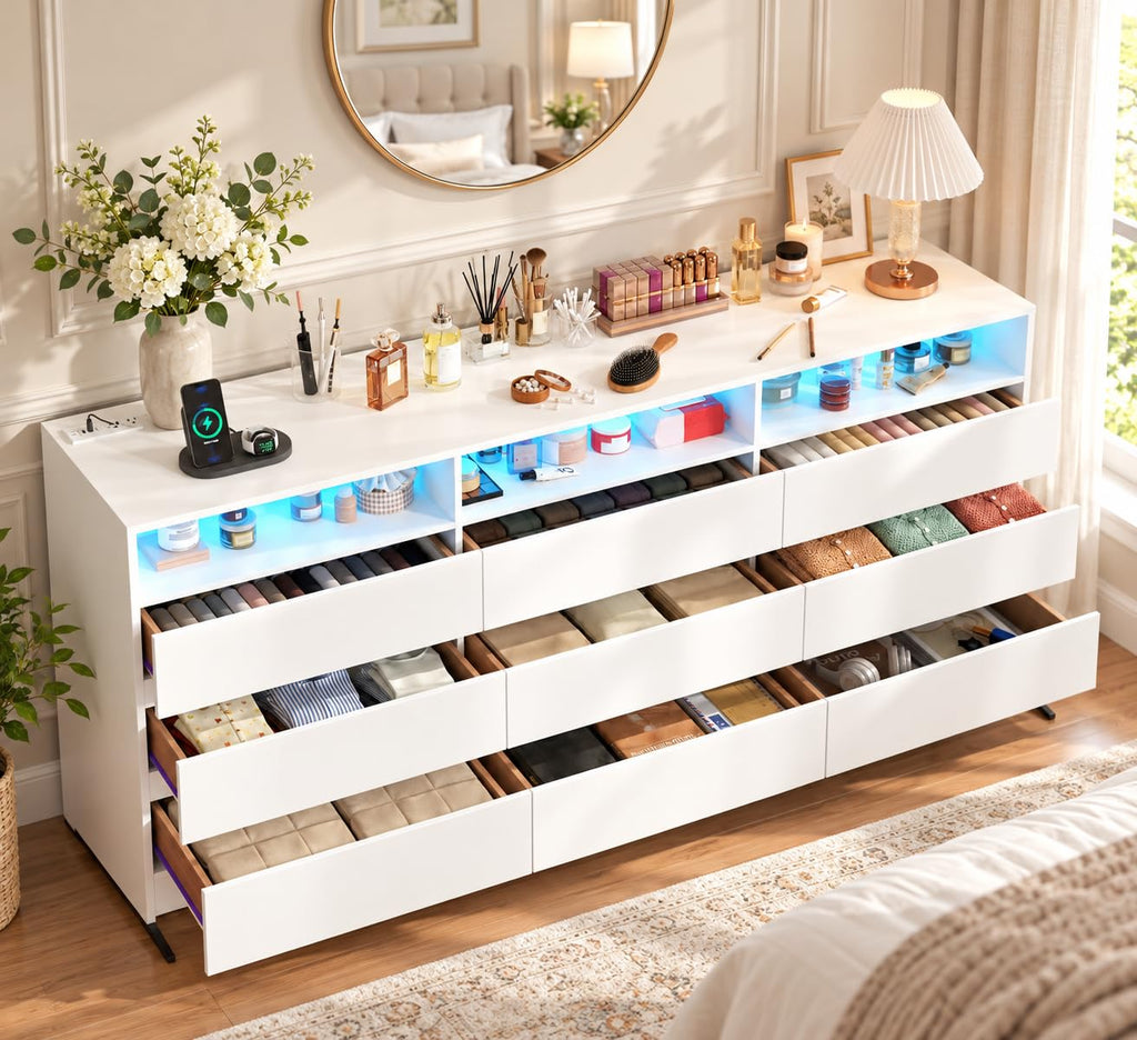 9 Drawer White Dresser with Charging Station Led Lights