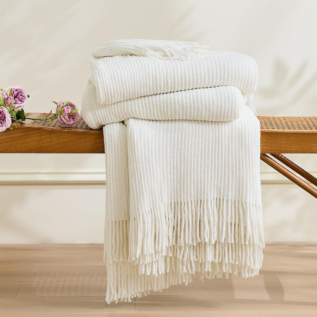 Throw Blanket,Chunky Chenille Woven Soft Blankets with Tassels,Cozy Boho Farmhouse Spring Summer Fall Decor,Warm