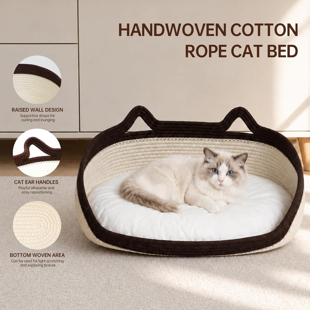 Cat Basket with Cushion for Indoor Cats, White & Coffee