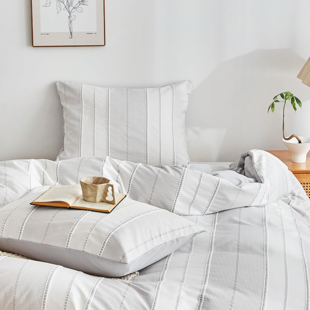 Lightgrey Striped Boho Duvet Cover Set Twin Size, Knit Weave, 2pcs