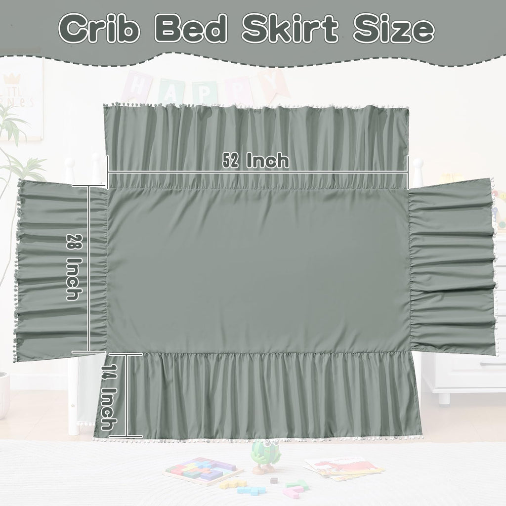 Crib Bed Skirt Gray Pompom Ruffled Dust Ruffle 28x52 Inch 14 Drop