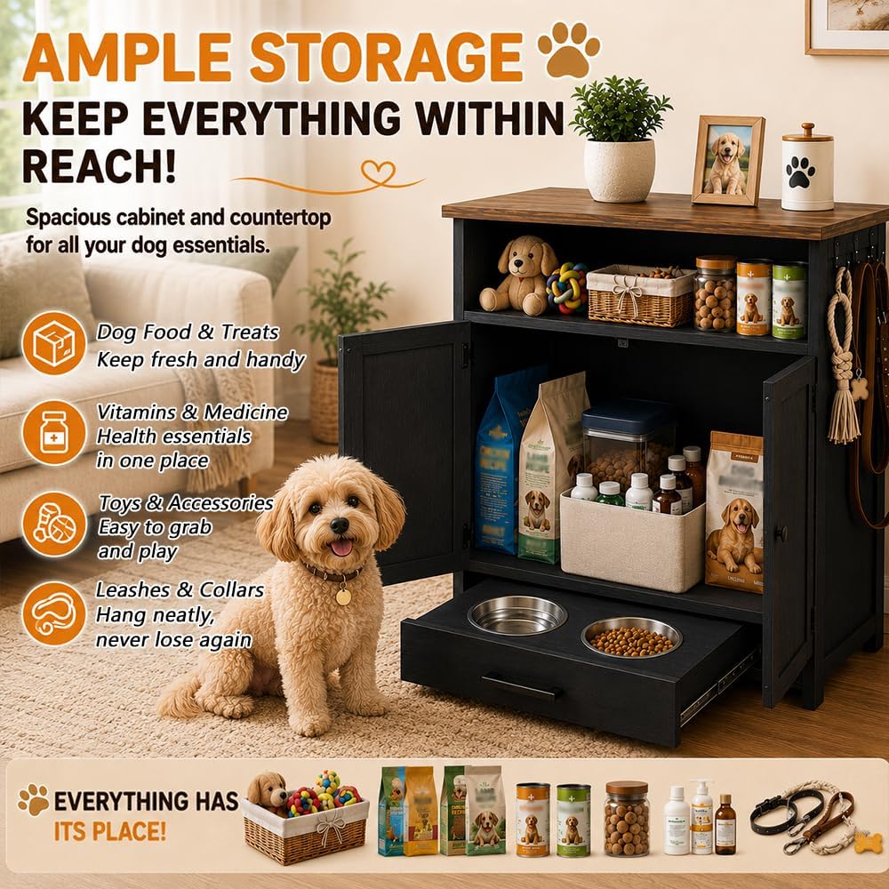 Dog Feeding Station with Storage Cabinet, Brown