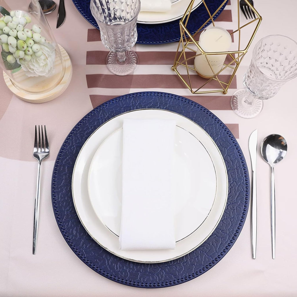 Navy Blue Charger Plates with Beaded Rims, Set of 6 Plastic Wedding Bulk Plate Charges for Dinner Plates, Table