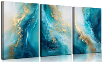 Teal Gold Canvas Wall Art Set of 3 Abstract Aqua Blue Gold Marble Fluid Wall Decor Pictures Neutral Modern Minimalist
