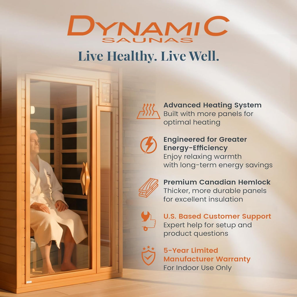 DYNAMIC SAUNAS Barcelona 1- to 2-Person Low EMF FAR Infrared Sauna with Red Light Therapy & Bluetooth Speakers |