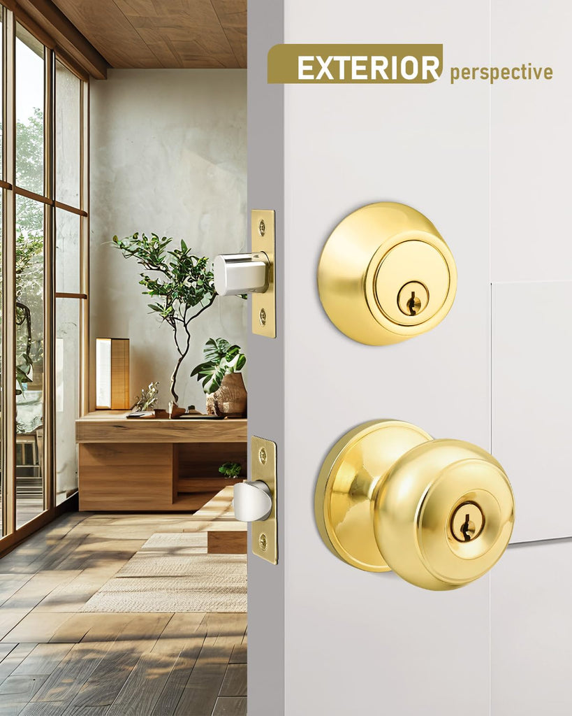 1 Pack Keyed Alike Front Door Knob and Deadbolt Set, Entry Door Locksets with Single Cylinder Deadbolt, Polished