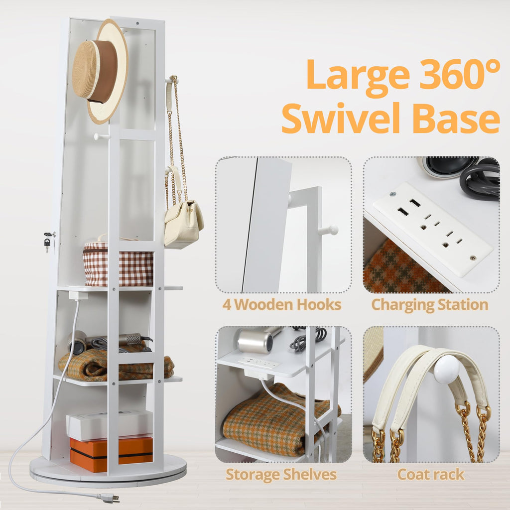 360° Swivel Jewelry Cabinet with Full-Length Mirror, Power Outlet