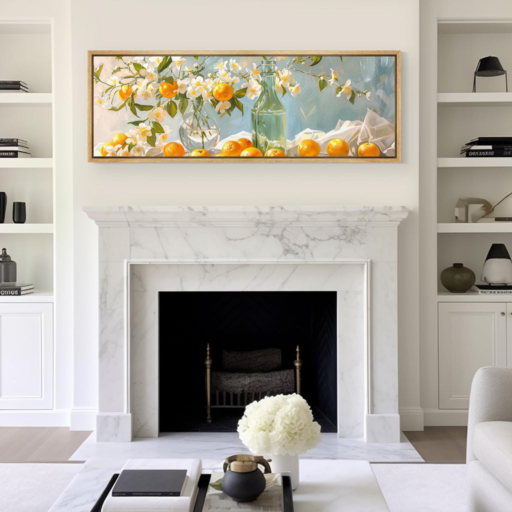Large Framed Canvas Print Wall Art Bright Still Life with Orange Blossoms and Citrus Fruits Antique Retro Ready to