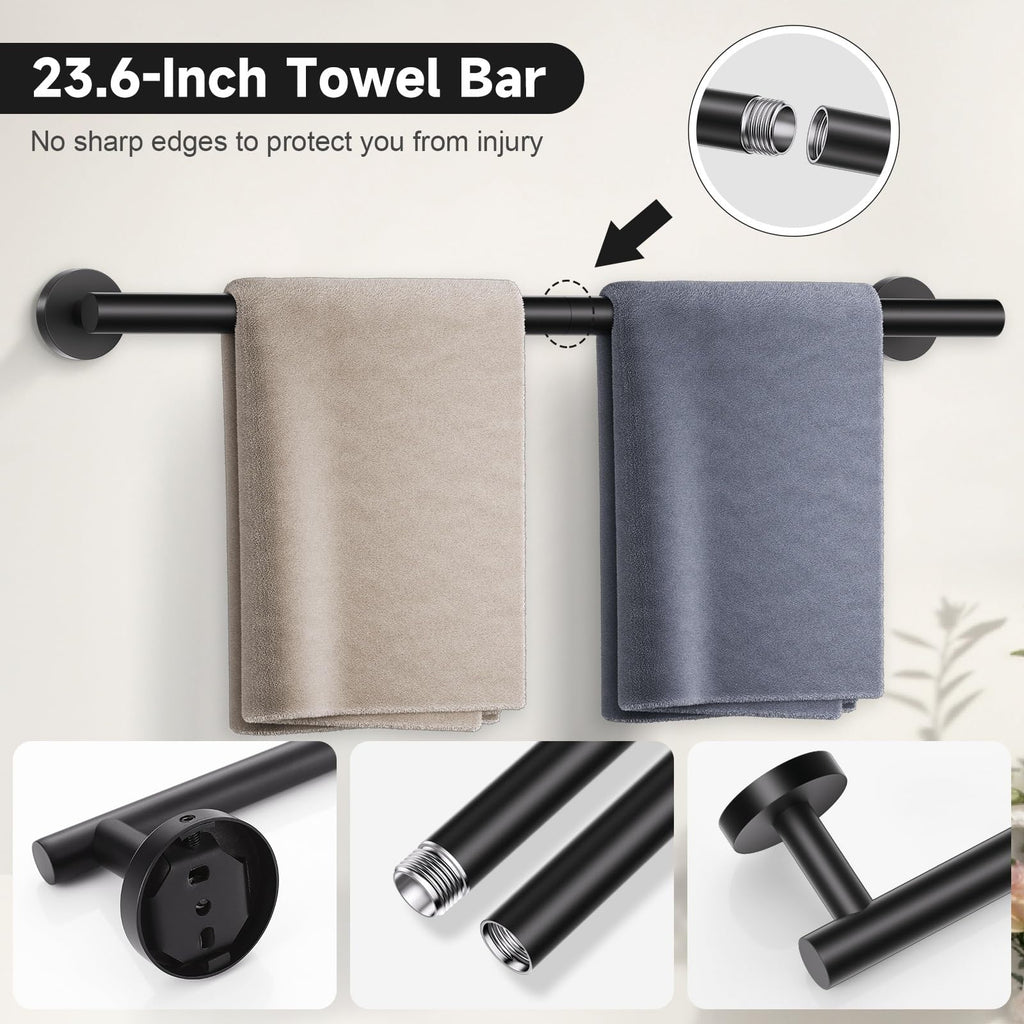 Matte Black Towel Bar Set, 5-Piece Bathroom Hardware Set with Smiley Face Towel Rings, Stainless Steel Wall-Mounted