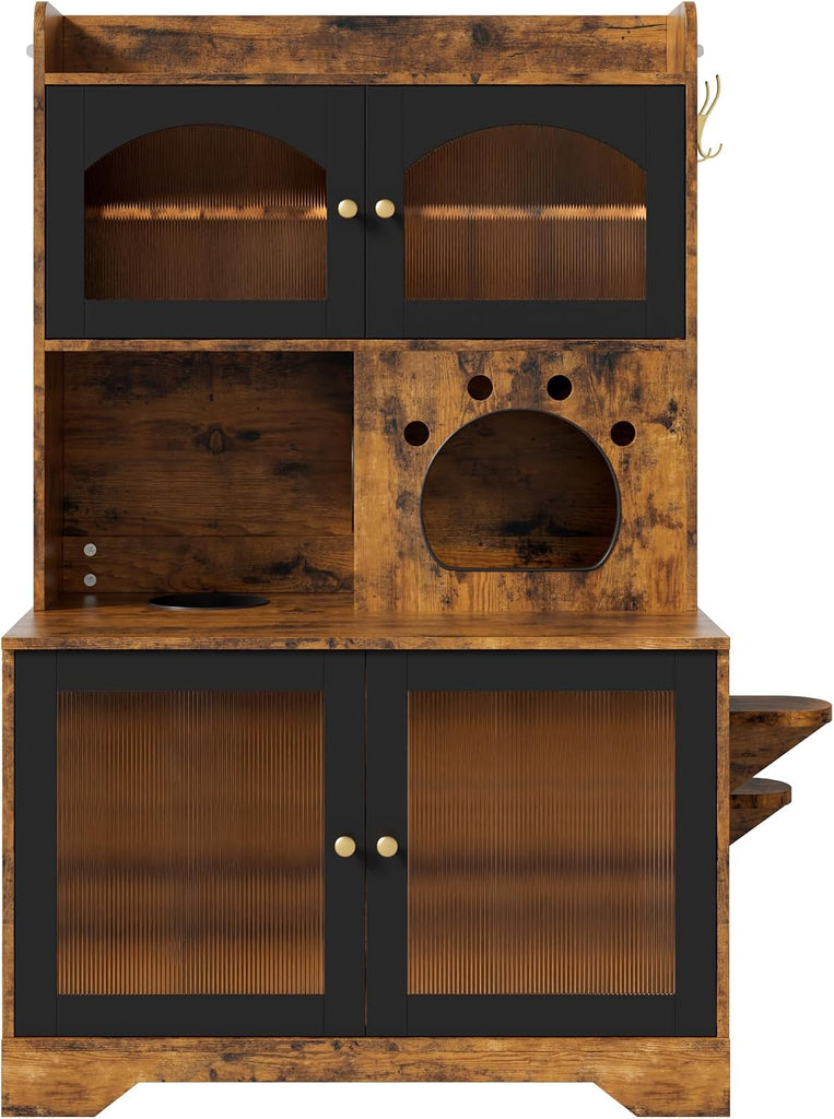 Cat Litter Box Enclosure with Storage Cabinet, Hidden Cat Washroom Furniture with Fluted Glass Doors & Cat Tree