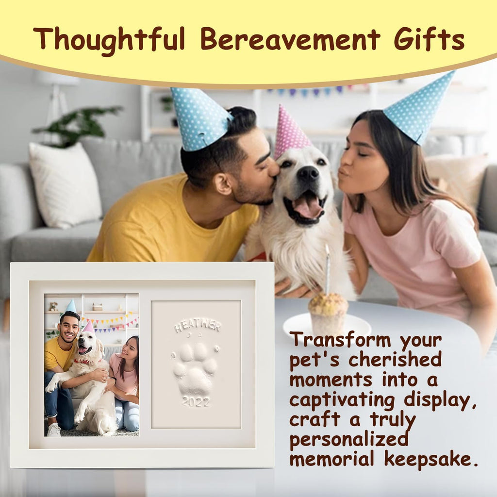Pet Memorial Frame for Dogs and Cats, Pet Paw Print Photo Frame with Clay Imprint Kit, Pawprint Making Kit and Photo