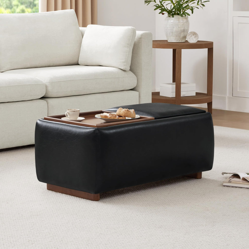 Storage Ottoman with Tray Lids, FSC Certified Small Rectangular Bench, Faux Leather in Black (Light)