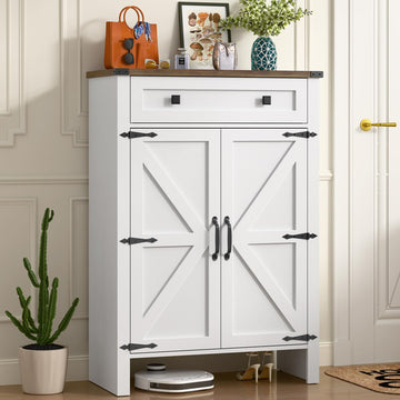Shoe Storage Cabinet, 5-Tier Farmhouse Shoe Cabinet with Adjustable Shelves & Drawer, Wooden Shoes Rack Cabinets