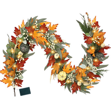 Realistic Fall Garland for Mantle 6 Ft Fall Maple Leaves Garlands with Lights/Timer Pumpkin Garland for Thanksgiving