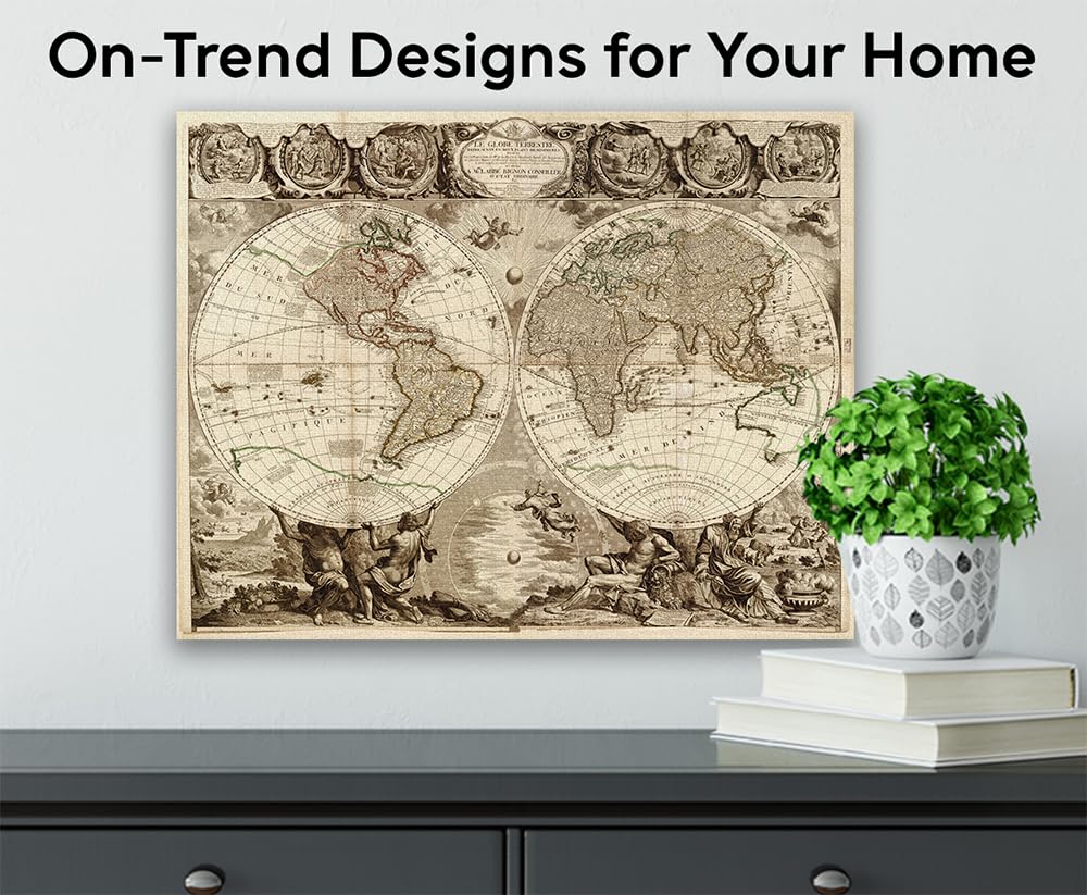 Le Globe Terrestre 28x36 Stretched Canvas Poster - Ready to Hang Vintage Double Hemisphere World Map Reproduction