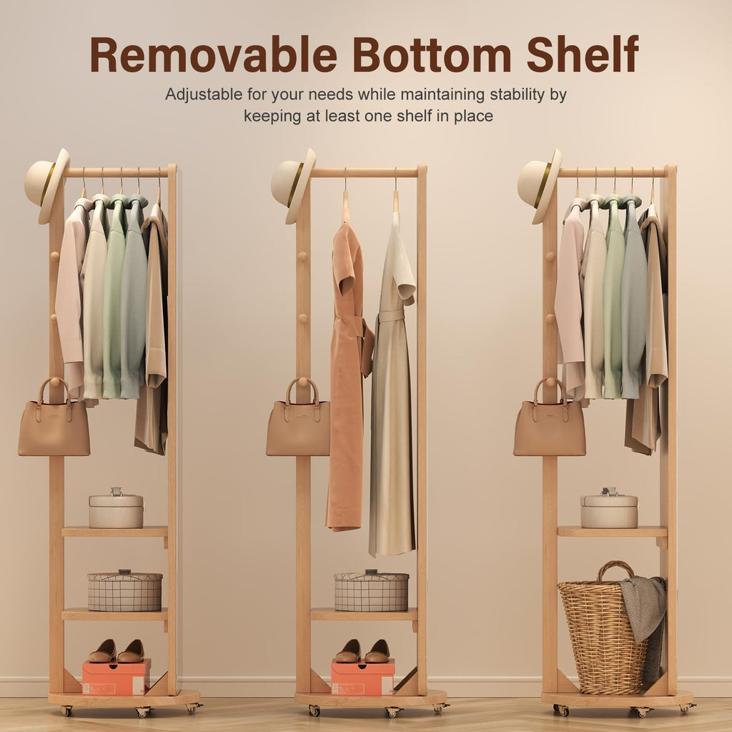 Solid Wood Full Length Mirror Coat Rack, 70" x 20" Oversize Standing Mirror Full Length with Brake Wheels, Floor