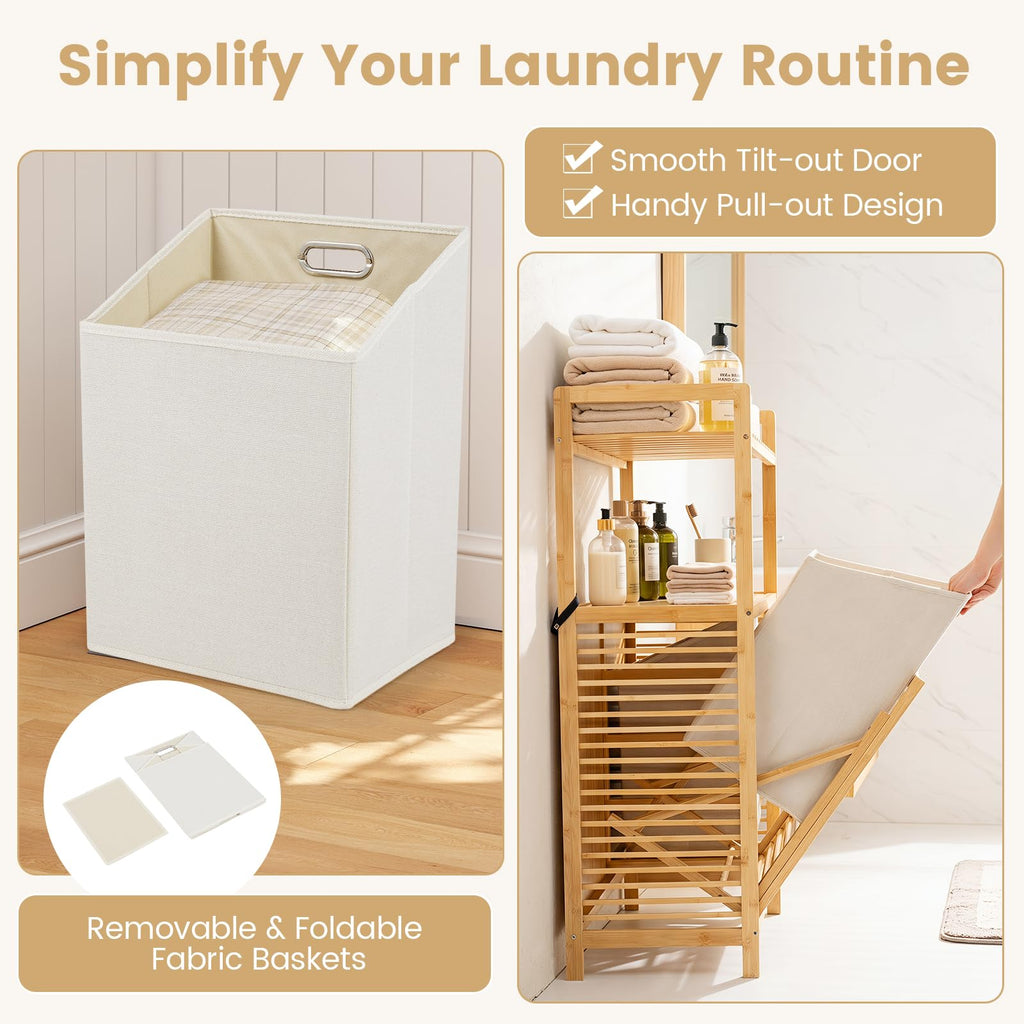 Double Tilt Out Laundry Hamper w/2-Tier Storage Shelf