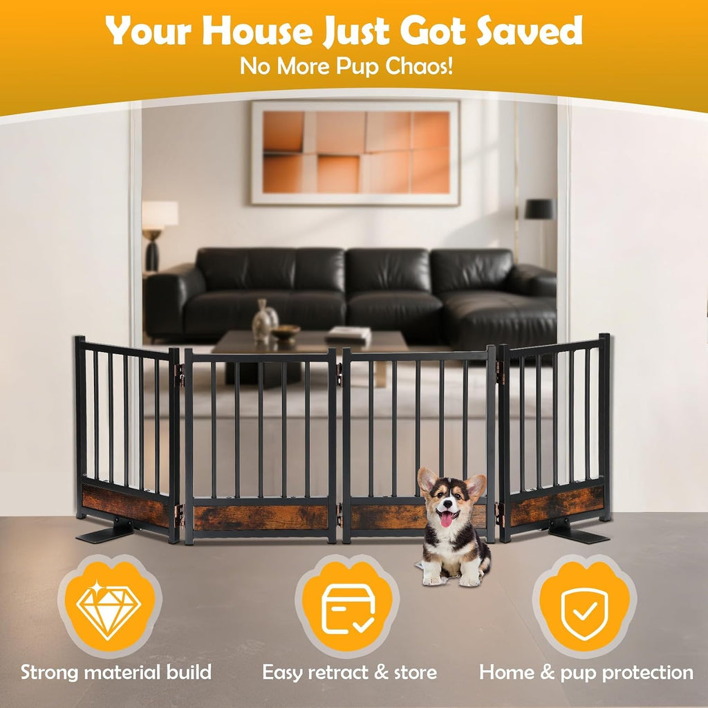 Freestanding Short Dog Gate, 16" Tall Pet Gate Indoor with Support Feet Easily Step Over, 4 Panel Metal Wood Foldable