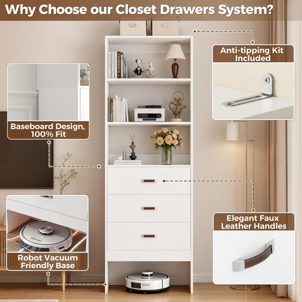Freestanding 1.8FT Closet System with Leather Handles for Small Space White