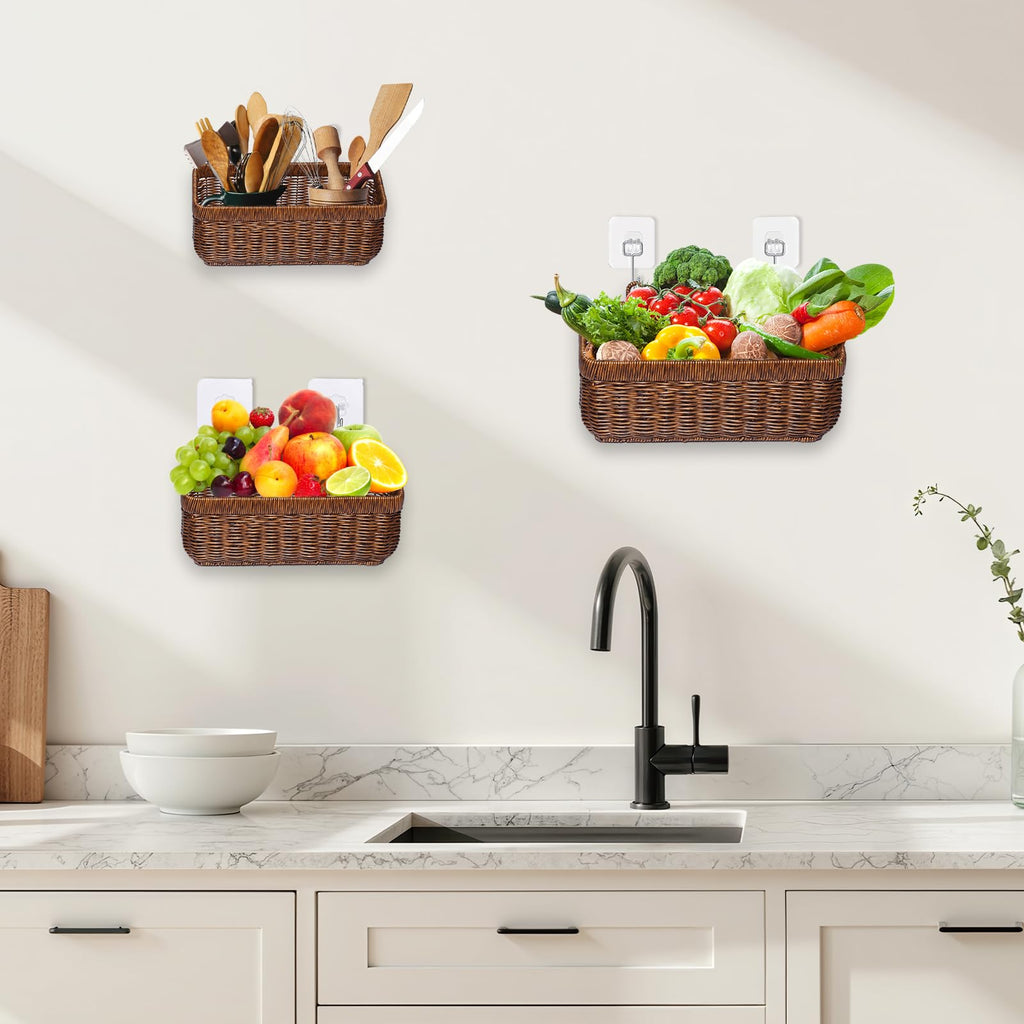 Hanging Baskets, Handmade Wicker Style Wall Basket w/Hooks