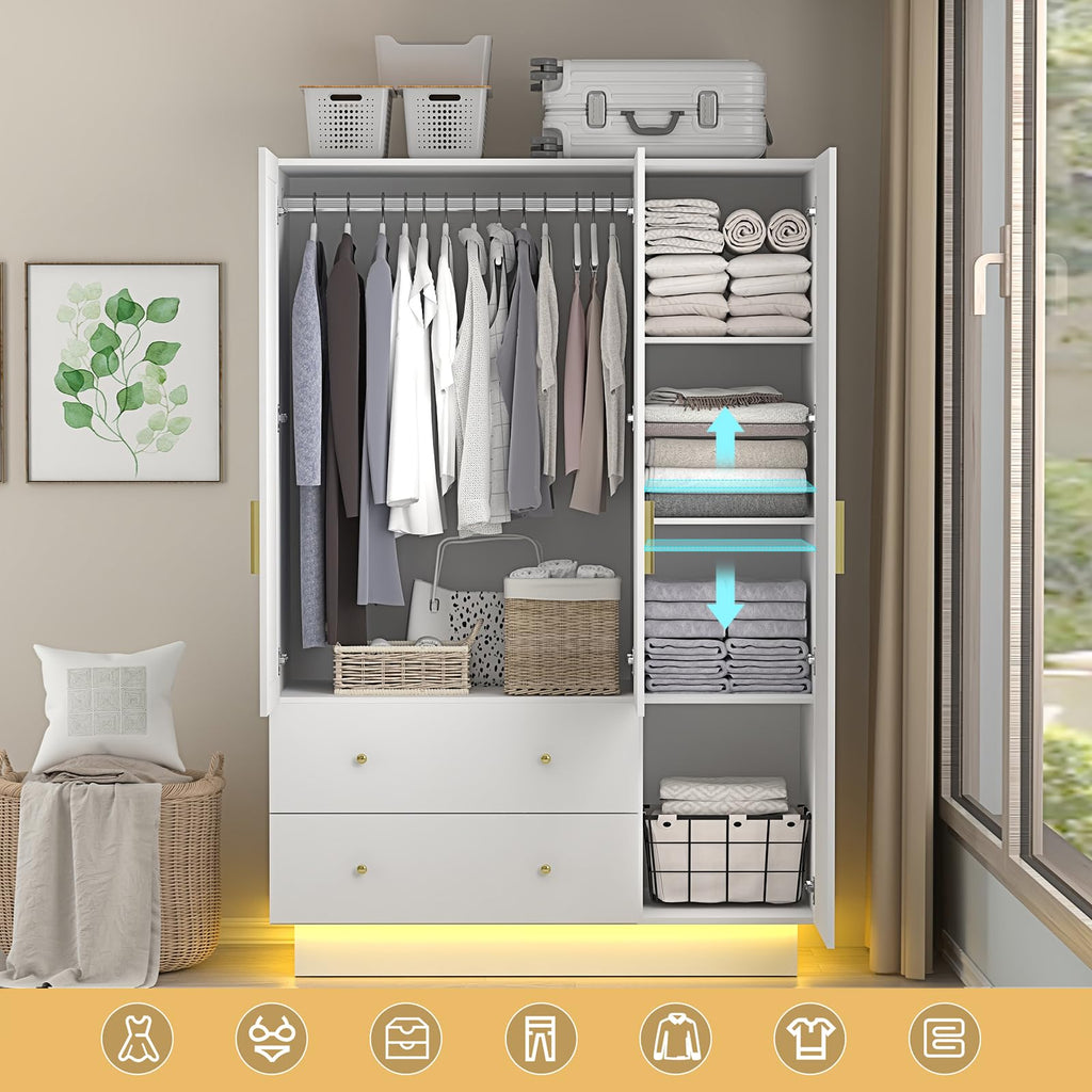 3 Doors Armoire Wardrobe Closet with Mirror, LED Armoire with Doors and Drawers, Wooden Wardrobe Storage Cabinet with