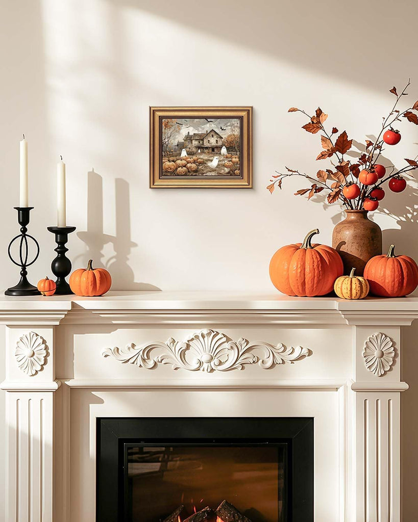 Vintage Framed Cute Ghost Pumpkin Patch Wall Art, Ghost Halloween Print